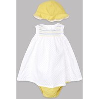 Autograph 3 Piece Pure Cotton Dress & Knickers With Hat Outfit