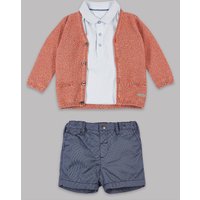 Autograph 3 Piece Pure Cotton Cardigan & Polo T-Shirt With Shorts Outfit