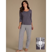 M&S Collection Pure Cotton Striped 3/4 Sleeve Pyjamas