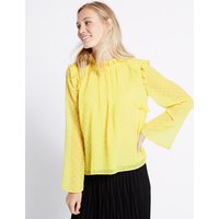 M&S Collection Dobby Round Neck Fluted Sleeve Blouse