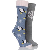 Ladies 2 Pair Totes Original Christmas Novelty Penguin And Snowflake Slipper Socks With Grip
