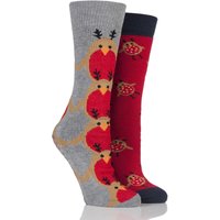 Ladies 2 Pair Totes Original Christmas Novelty Robin Slipper Socks With Grip
