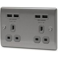 British General 4.2A Brushed Steel Unswitched Double Socket & 4 X USB