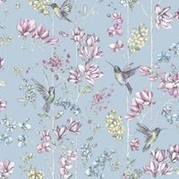 K2 Blue Floral & Hummingbird Glitter Effect Wallpaper