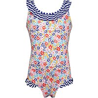 John Lewis Girls' Floral Stripe Swimsuit, Blue Multi