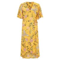 Yellow Floral Print Wrap Front Midi Dress New Look