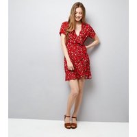 Red Floral Frill Trim Wrap Front Mini Dress New Look