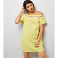 Green Neon Embroidered Trim Cold Shoulder Dress New Look