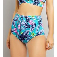 Blue Tropical Print Tie High Waist Bikini Bottoms New Look