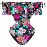 Black Floral Print Cut Out Swimsuit New Look