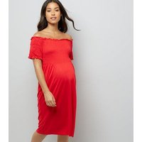 Maternity Red Shirred Bardot Neck Dress New Look