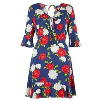Navy Floral Print Frill Trim Open Back Dress New Look