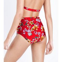 Red Floral Print High Waist High Leg Bikini Bottoms New Look