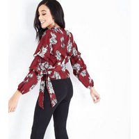 Parisian Red Floral Wrap Front Top New Look