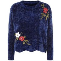 QED Navy Chenille Floral Embroidered Beaded Jumper New Look