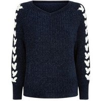Cameo Rose Navy Chenille Lace Up Sleeve Jumper New Look