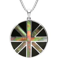 Silver Whitby Jet Mother Of Pearl Union Jack Round Pendant Necklace