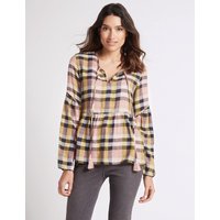 Per Una Cotton Rich Checked Long Sleeve Blouse