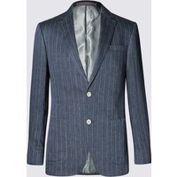 M&S Collection Luxury Navy Pure Linen Striped Tailored Fit Jacket