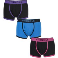 Mens 3 Pack Pringle Black Label Plain Cotton Trunks With Contrast Waistband In Black And Blue