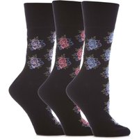Ladies 3 Pair Gentle Grip Rose Patterned Cotton Socks