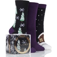 Ladies 3 Pair SockShop Christmas Tree And Snow Design Novelty Cotton Socks