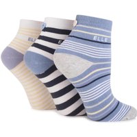 Ladies 3 Pair Elle Striped Cotton Anklet Socks With Buttons