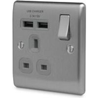 British General 2.1A Brushed Steel Switched Single Socket & 2 X USB