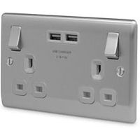 British General 3.1A Brushed Steel Switched Double Socket & 2 X USB