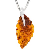 Be-jewelled Sterling Silver Cognac Amber Leaf Pendant Necklace, Amber