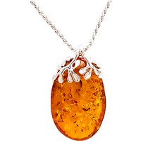 Be-Jewelled Sterling Silver Cognac Amber Leaves Pendant Necklace, Amber