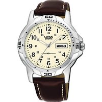 Lorus RXN49BX9 Men's Sports Day Date Leather Strap Watch, Brown/Cream