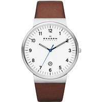 Skagen SKW6082 Men's Klassik Leather Strap Watch, Brown/White