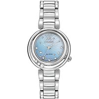 Citizen EM0320-59D Women's Sunrise Diamond And Mother Of Pearl Eco-Drive Stainless Steel Bracelet Strap Watch, Silver/Blue