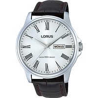 Lorus RXN11DX9 Men's Day Date Leather Strap Watch, Brown/Silver