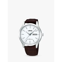 Lorus RXN29DX9 Men's Classic Day Date Leather Strap Watch, Brown/White