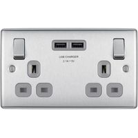 British General 13A Brushed Steel Switched Double Socket & 2 X USB