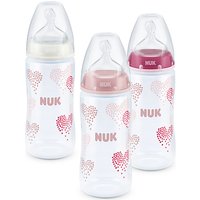 NUK First Choice+ Hearts Baby Bottle With Size 1 Silicone Teat, Pack Of 3