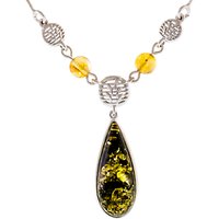 Be-Jewelled Sterling Silver Pear Shape Amber Pendant Necklace, Silver/Green