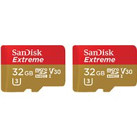 SanDisk Extreme UHS-I U3 MicroSDHC Memory Card, 32GB, 90MB/s, With SD Adapter, Pack Of 2