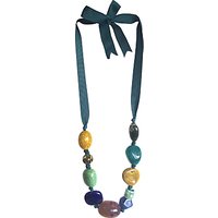 One Button Mixed Bead Tie Necklace, Teal/Multi
