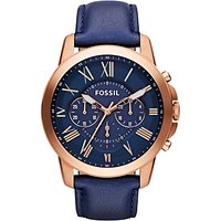Fossil FS4835 Men's Grant Chronograph Leather Strap Watch, Navy