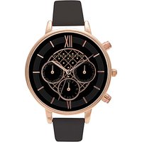 Olivia Burton OB15CG44 Women's Chrono Detail Chronograph Leather Strap Watch, Black/Rose Gold