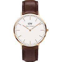Daniel Wellington 0109DW Men's Classy Rose Gold Plated Leather Strap Watch, Brown/White