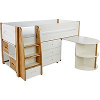 Stompa Curve Mid-Sleeper Bed With Pull-Out Desk, 3 Drawer Chest And 2 Door Cube Unit, Silk White / Oak