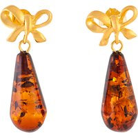 Be-Jewelled Cognac Gold Plated Sterling Silver Amber Bow Drop Earrings, Amber