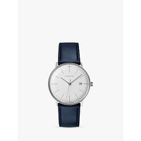 Junghans 041/4464.00 Men's Max Bill Date Leather Strap Watch, Dark Blue/White