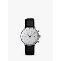 Junghans 027/4600.00 Men's Max Bill Chronoscope Leather Strap Watch, Black/White