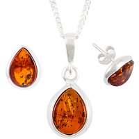 Be-Jewelled Sterling Silver Tear Drop Amber Pendant Necklace And Earrings Gift Set, Amber