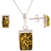 Be-Jewelled Sterling Silver Oblong Green Amber Pendant Necklace And Earrings Gift Set, Amber